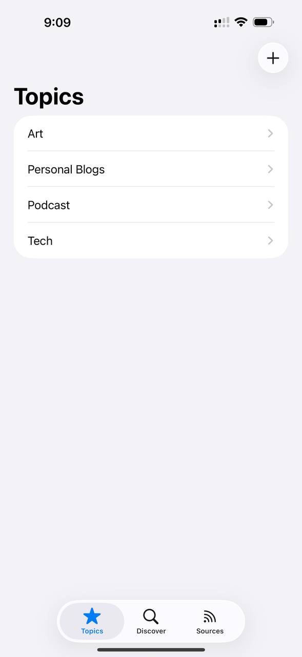 Topics screen with Art, Personal Blogs, Podcast, and Tech categories