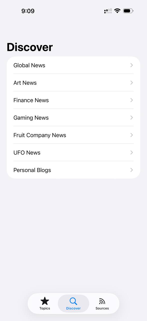 Discover screen with curated source categories