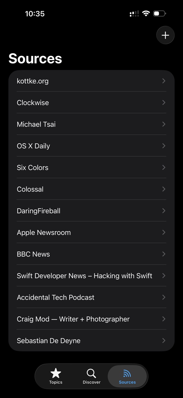 Sources screen listing subscribed publications