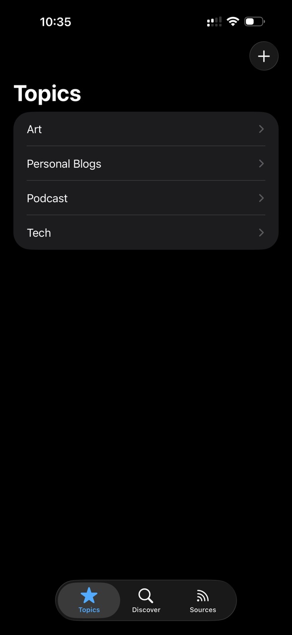Topics screen with Art, Personal Blogs, Podcast, and Tech categories